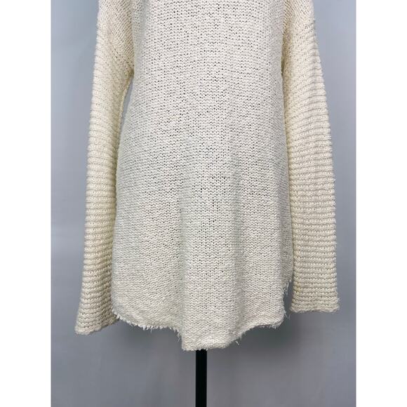 Free People Oversized Ivory Knit Sweater Slouchy V Neck, 100% Cotton - Picture 3 of 11